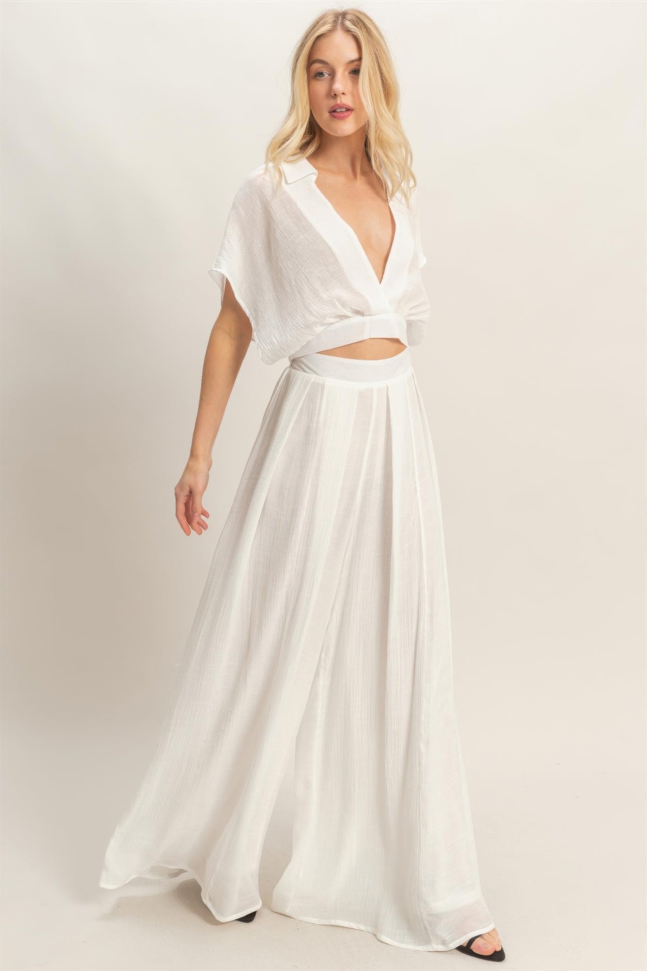 Collared Wrap Top &amp; Wide-leg Pants Set