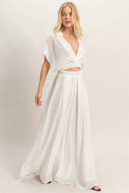 Collared Wrap Top &amp; Wide-leg Pants Set