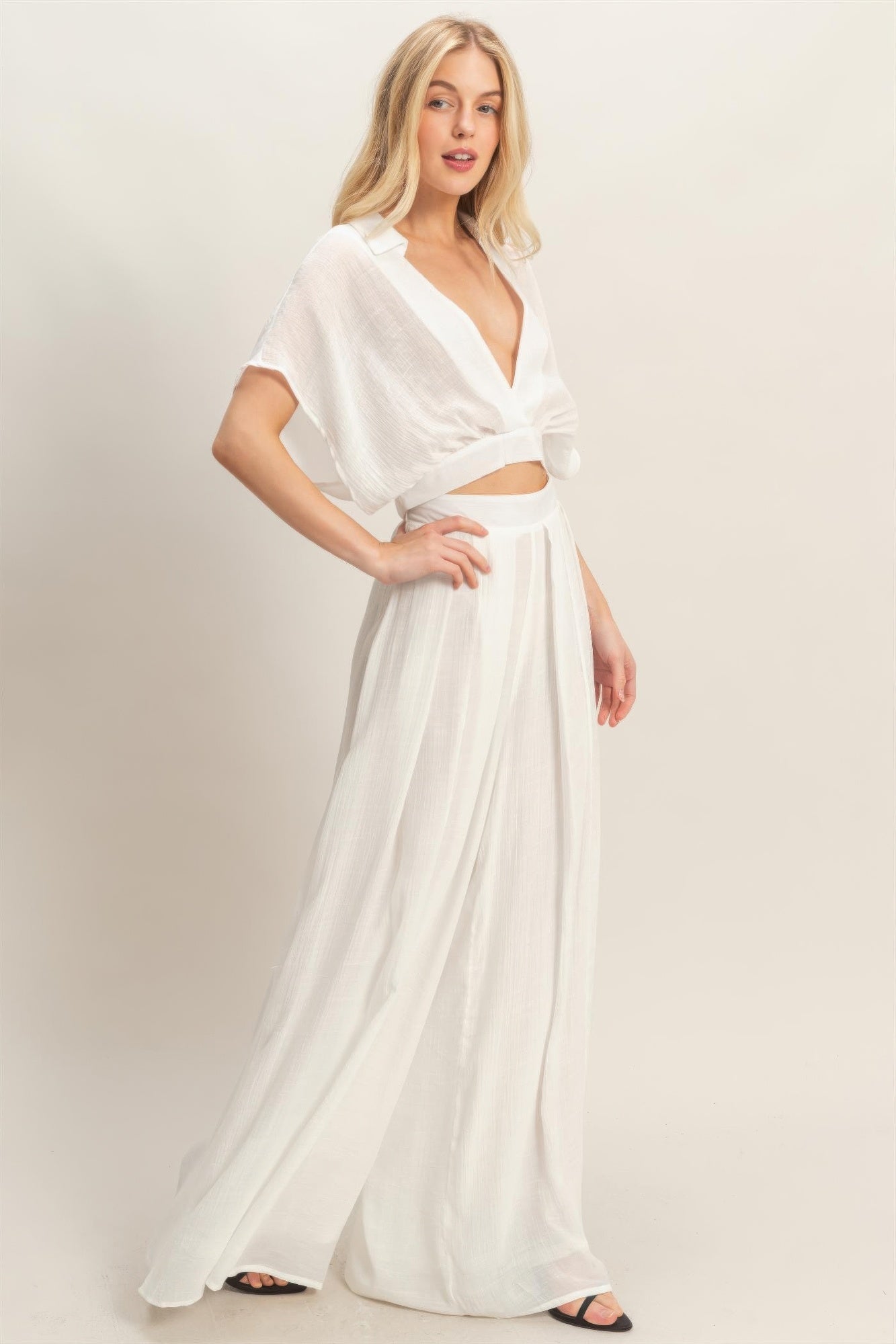 Collared Wrap Top &amp; Wide-leg Pants Set