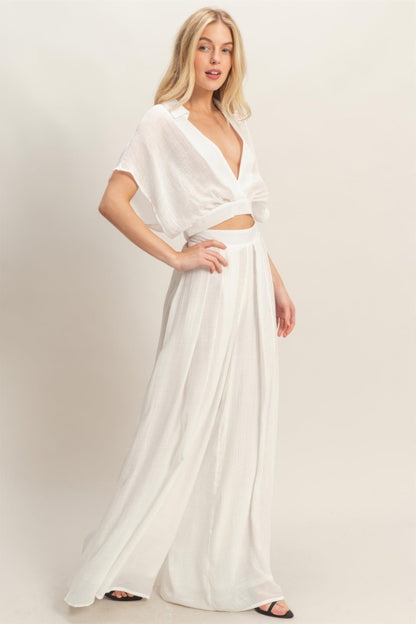 Collared Wrap Top &amp; Wide-leg Pants Set