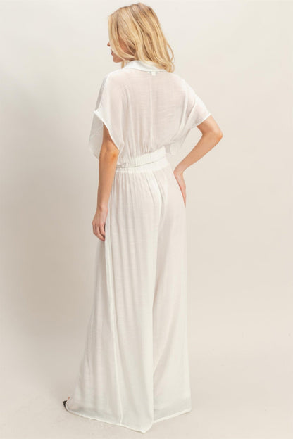Collared Wrap Top &amp; Wide-leg Pants Set