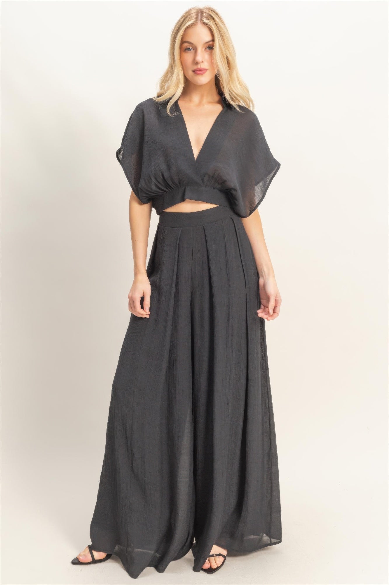 Collared Wrap Top &amp; Wide-leg Pants Set