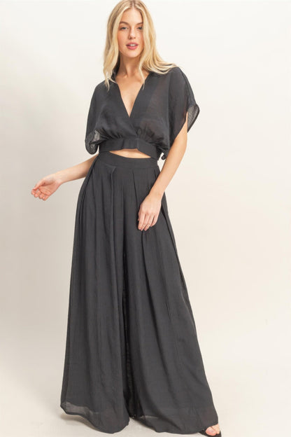 Collared Wrap Top &amp; Wide-leg Pants Set