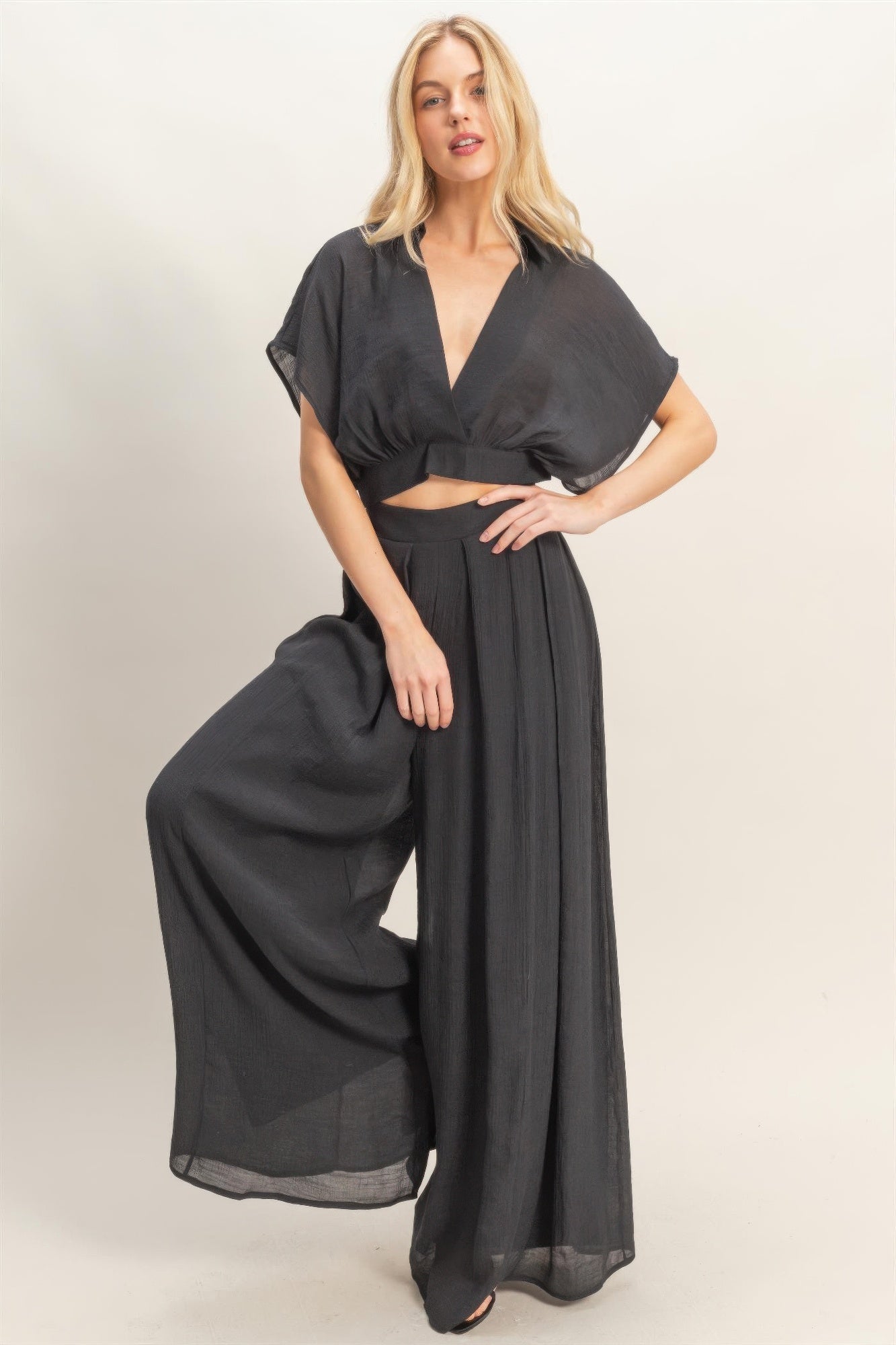 Collared Wrap Top &amp; Wide-leg Pants Set