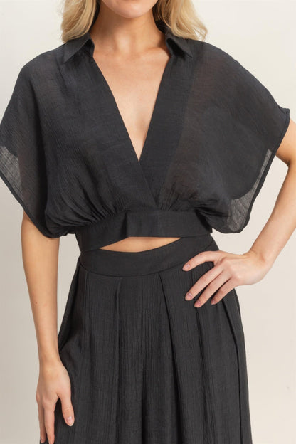 Collared Wrap Top &amp; Wide-leg Pants Set