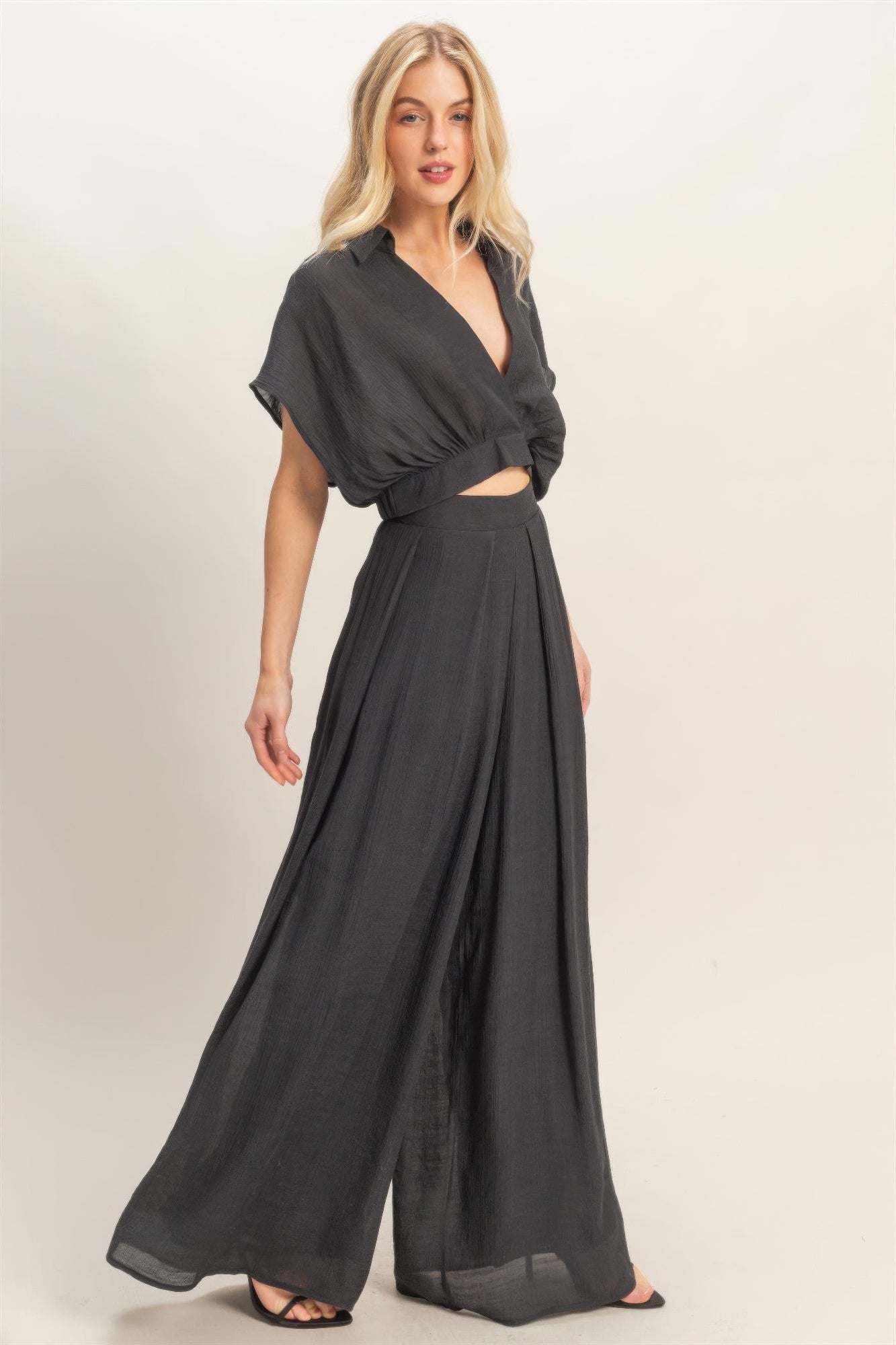Collared Wrap Top &amp; Wide-leg Pants Set