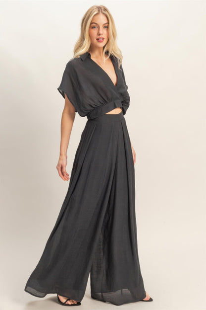 Collared Wrap Top &amp; Wide-leg Pants Set