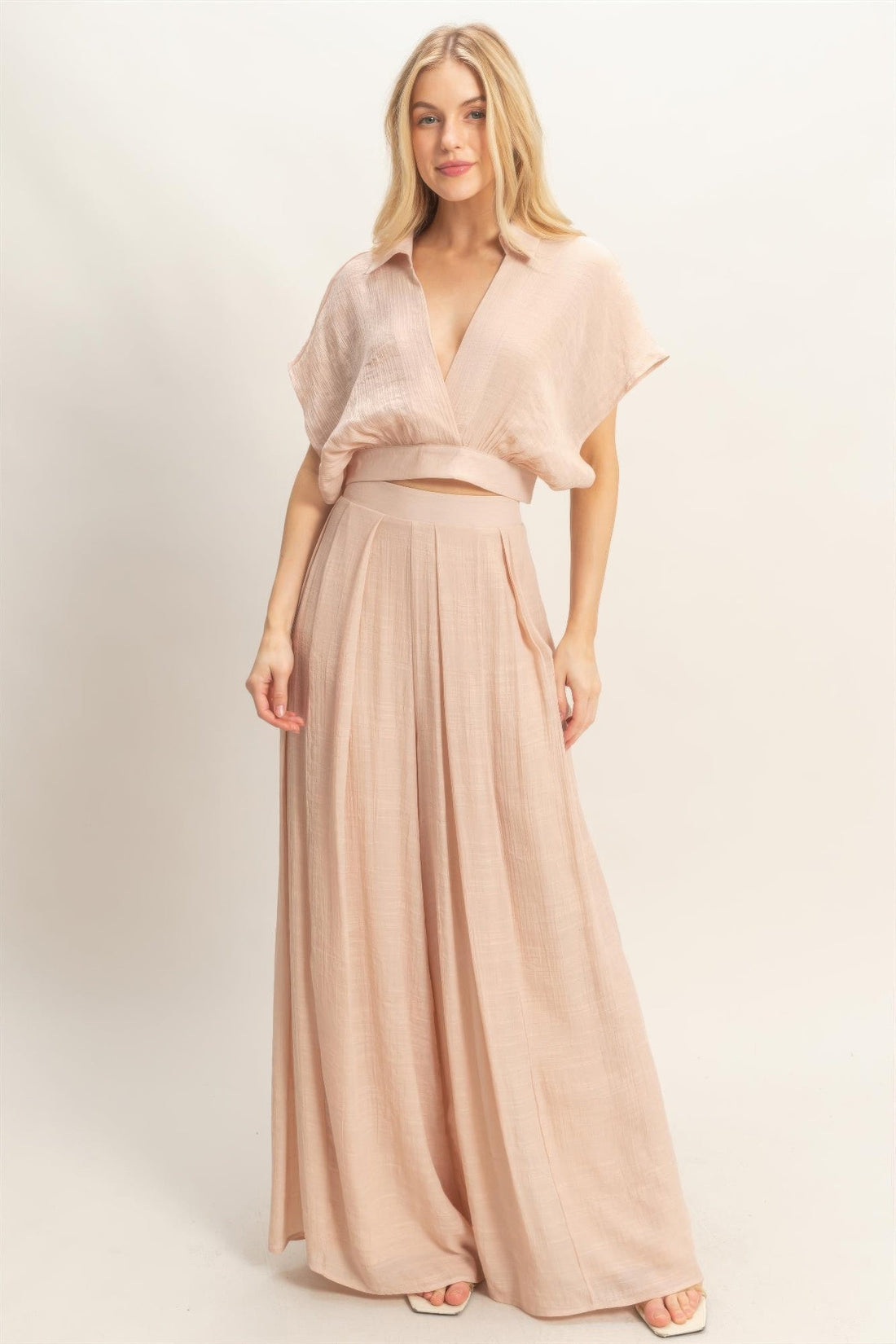 Collared Wrap Top &amp; Wide-leg Pants Set