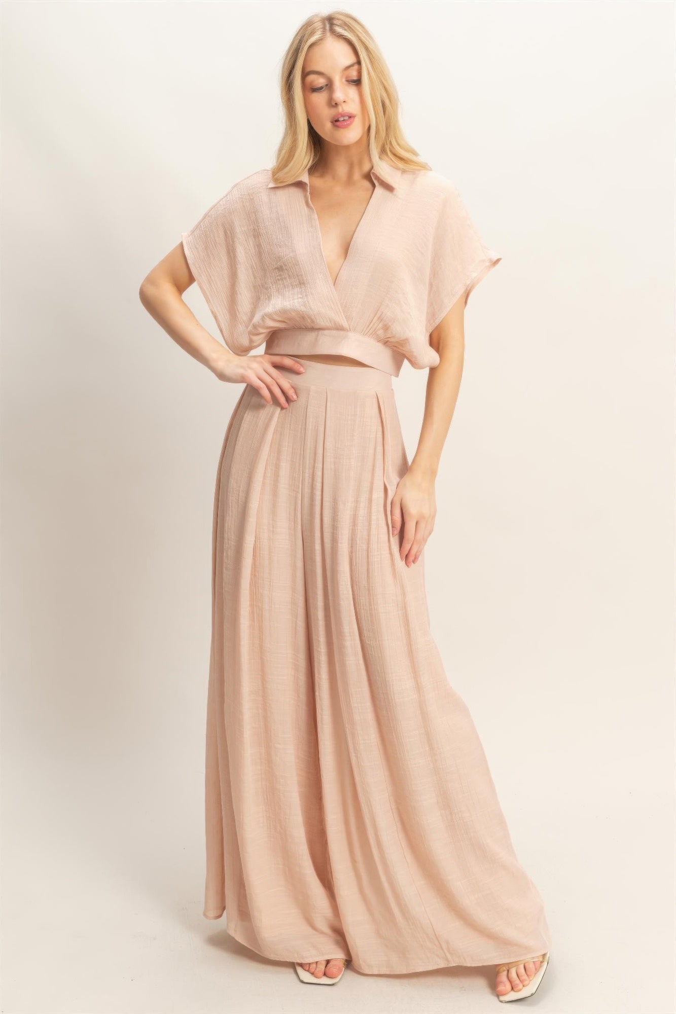 Collared Wrap Top &amp; Wide-leg Pants Set