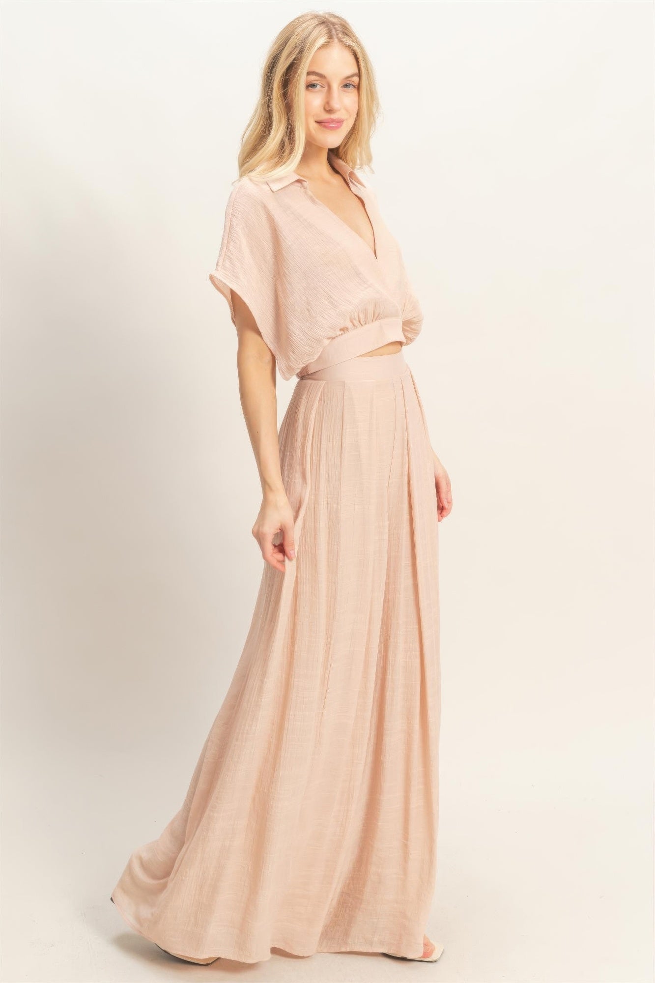 Collared Wrap Top &amp; Wide-leg Pants Set