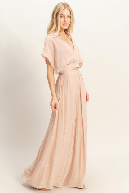 Collared Wrap Top &amp; Wide-leg Pants Set