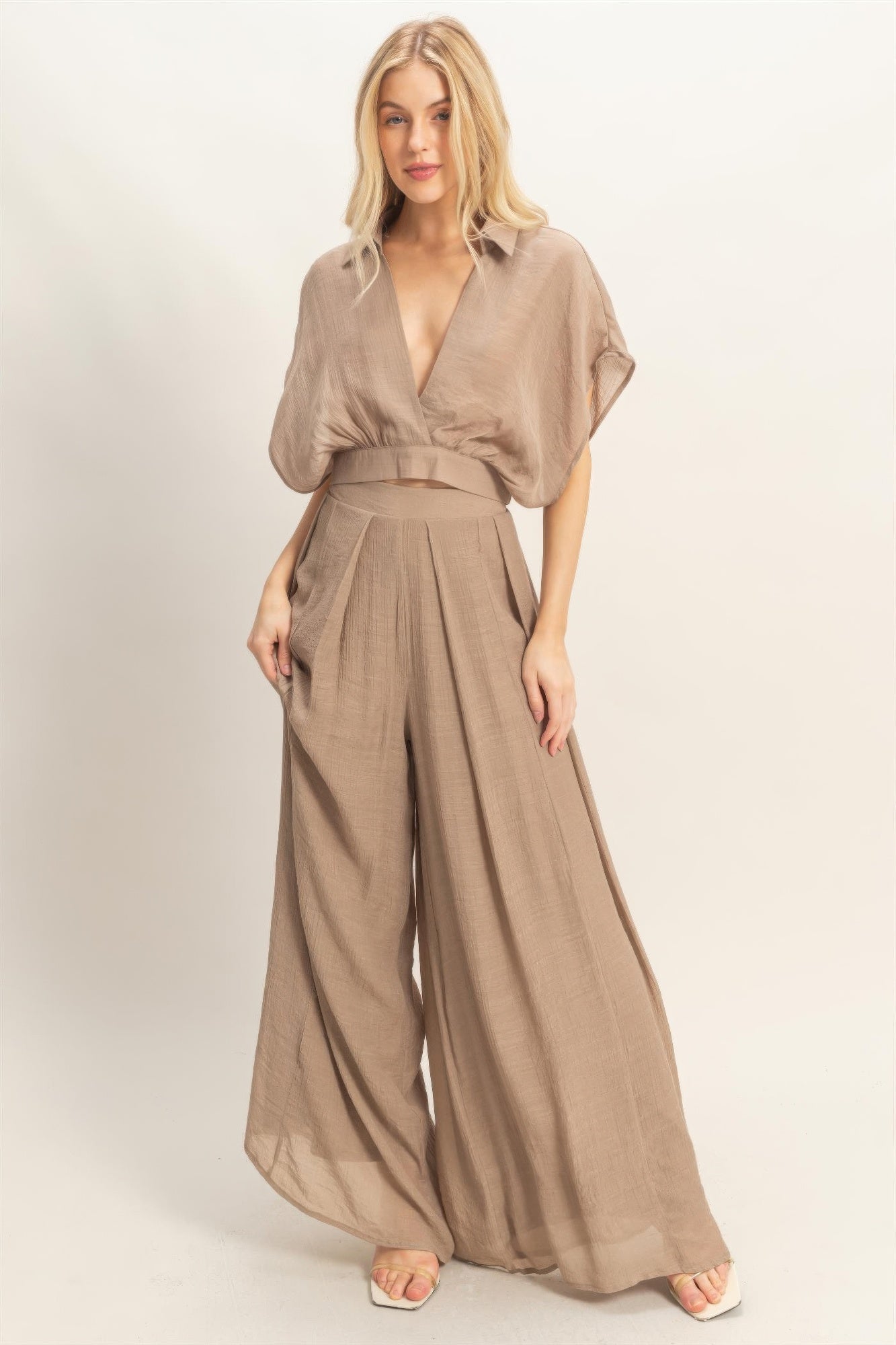 Collared Wrap Top &amp; Wide-leg Pants Set