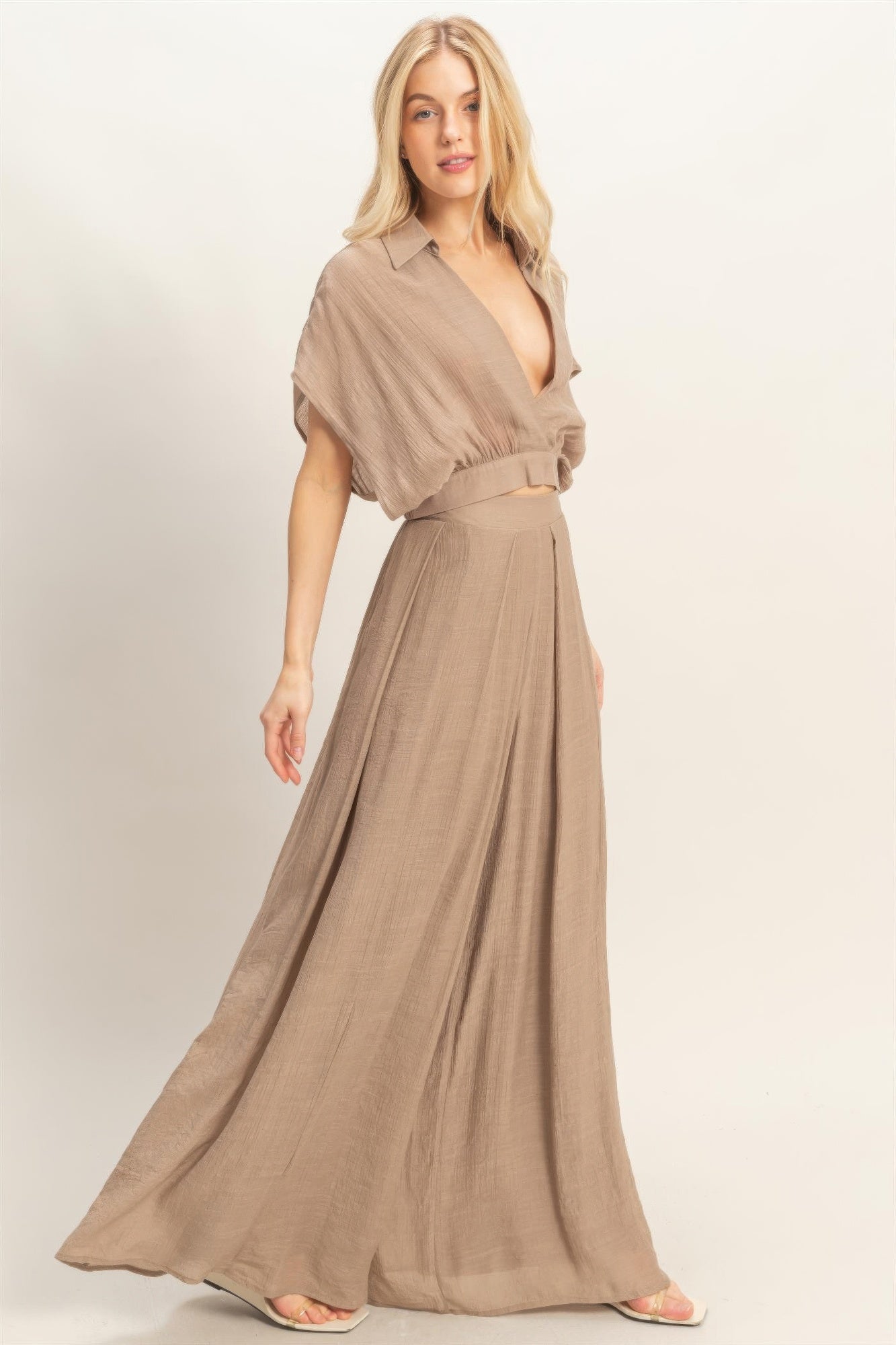 Collared Wrap Top &amp; Wide-leg Pants Set