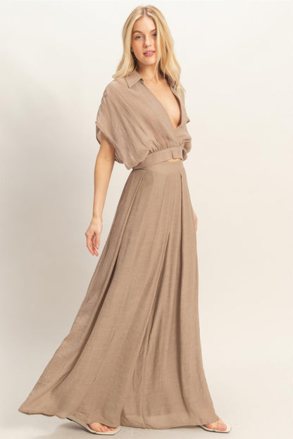 Collared Wrap Top &amp; Wide-leg Pants Set