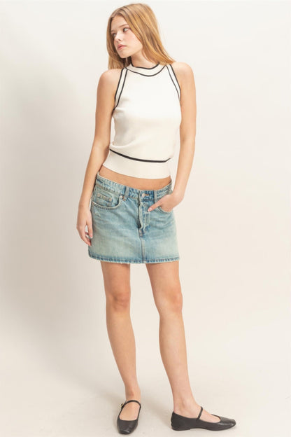 Contrast Trim Sleeveless Ribbed Top