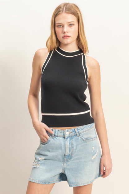 Contrast Trim Sleeveless Ribbed Top