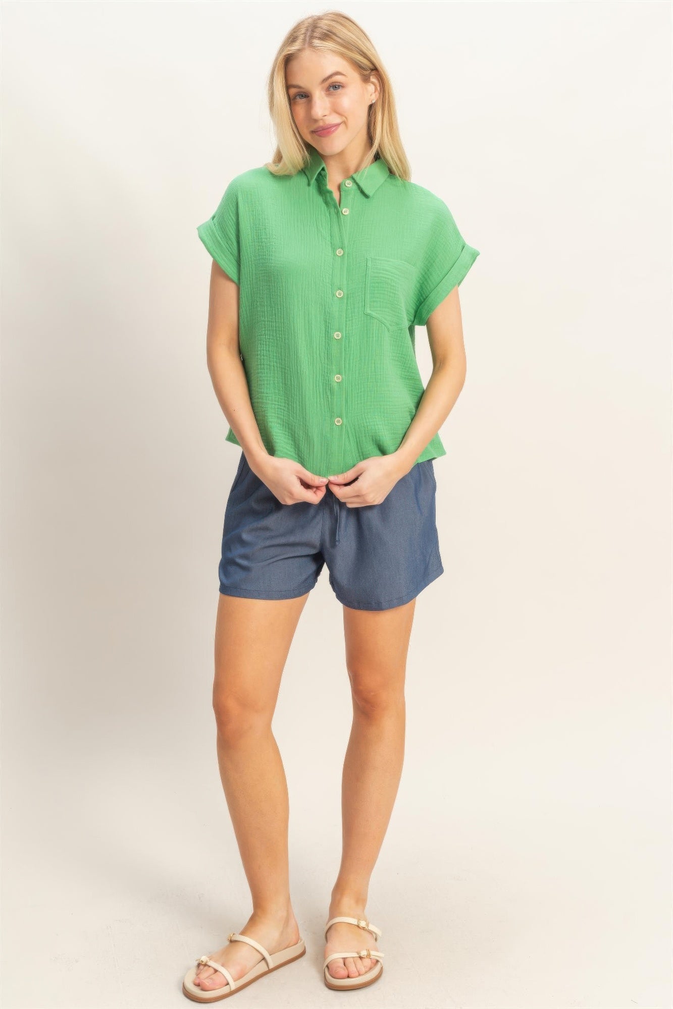 Rolled Sleeve Button-up Top