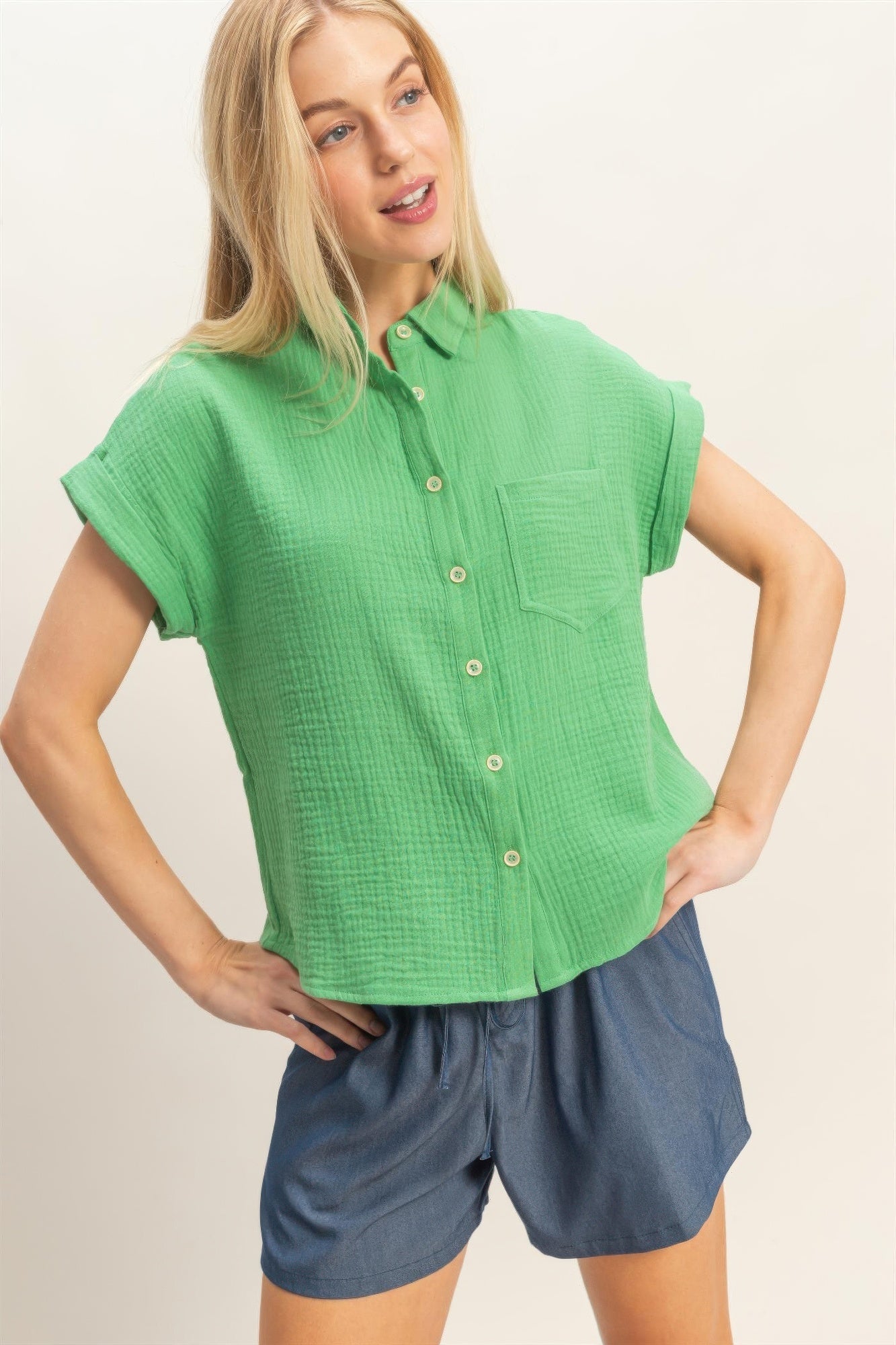 Rolled Sleeve Button-up Top