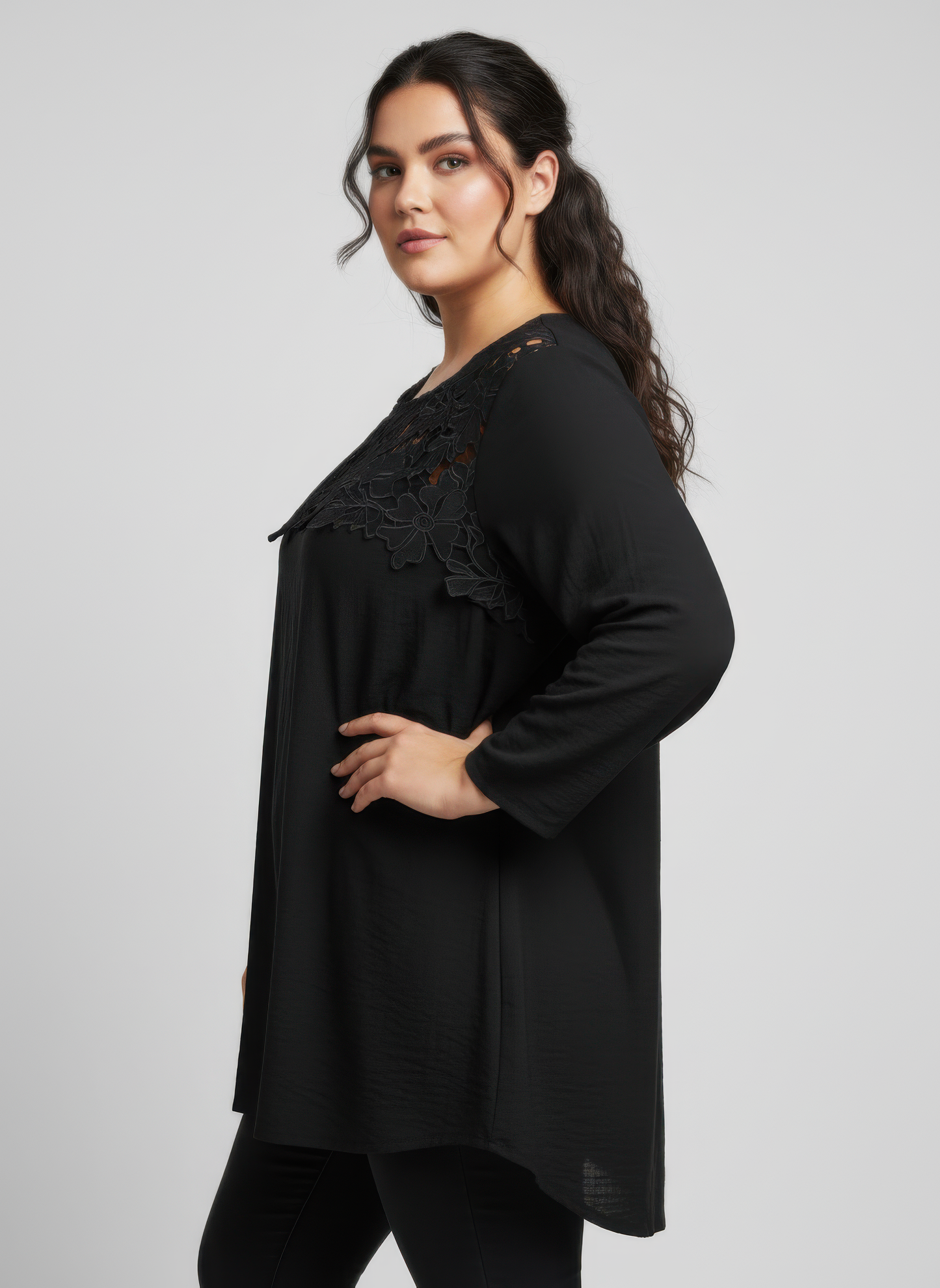 Lace Yoke Three-quarter Sleeve Knit Top