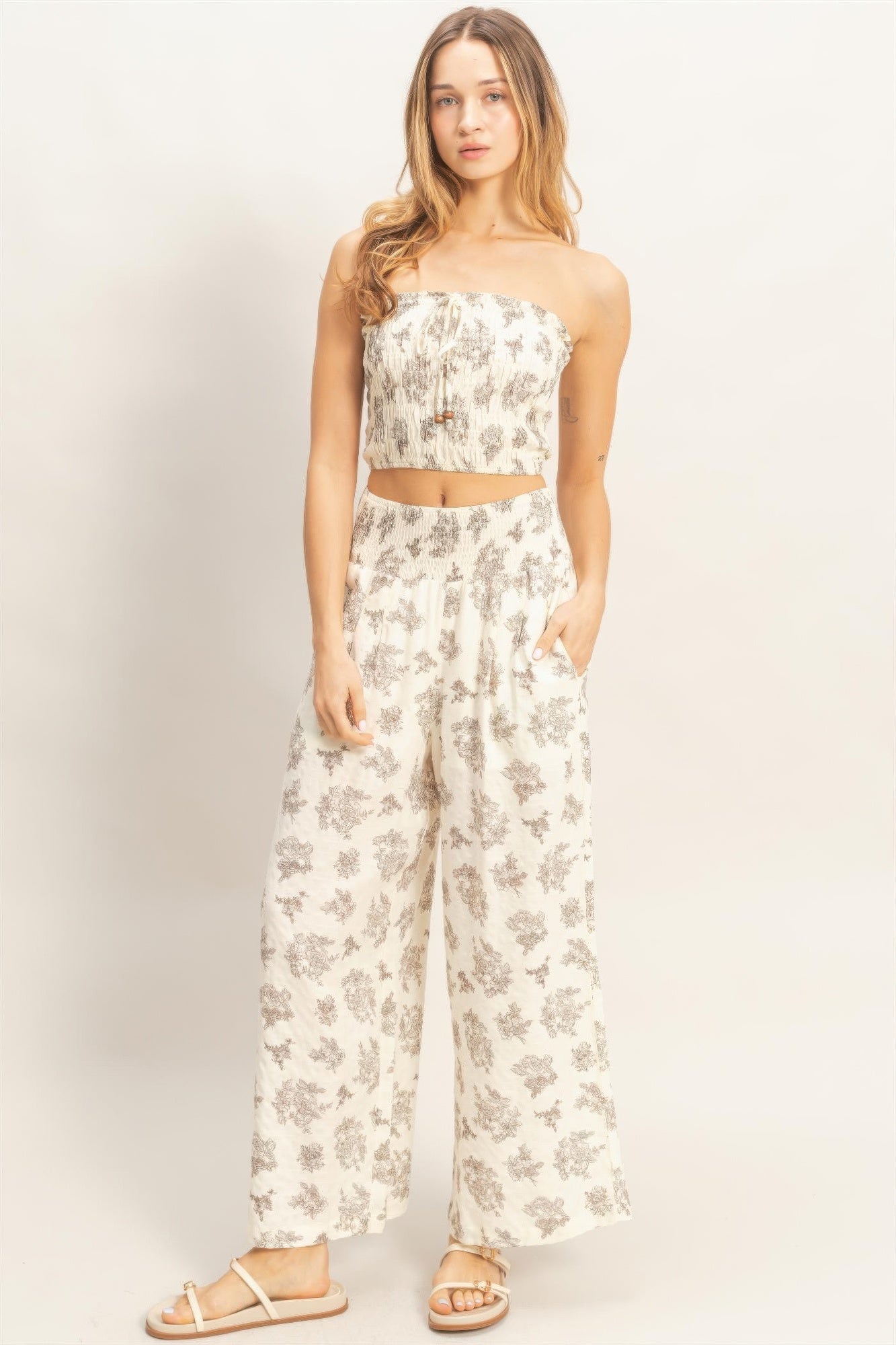 Smocked Tube Top &amp; Wide-leg Pants Set