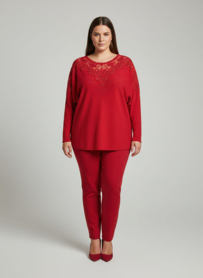 Crimson Lace Embellished Knit Tunic Top