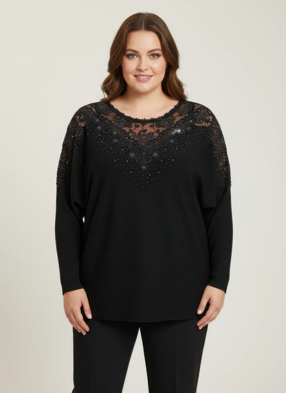 Crimson Lace Embellished Knit Tunic Top