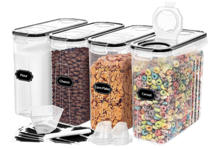 4-Piece Set: Airtight Cereal Storage Containers with Pour Spouts &amp; Measuring Cup – 4L Kitchen Pantry Organizer