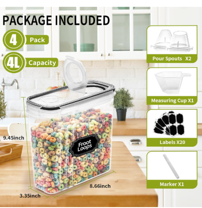 4-Piece Set: Airtight Cereal Storage Containers with Pour Spouts &amp; Measuring Cup – 4L Kitchen Pantry Organizer