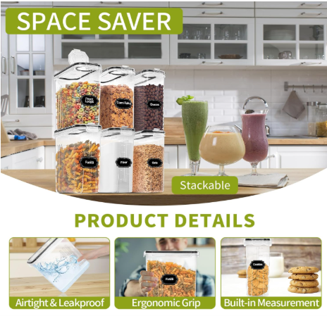 4-Piece Set: Airtight Cereal Storage Containers with Pour Spouts &amp; Measuring Cup – 4L Kitchen Pantry Organizer