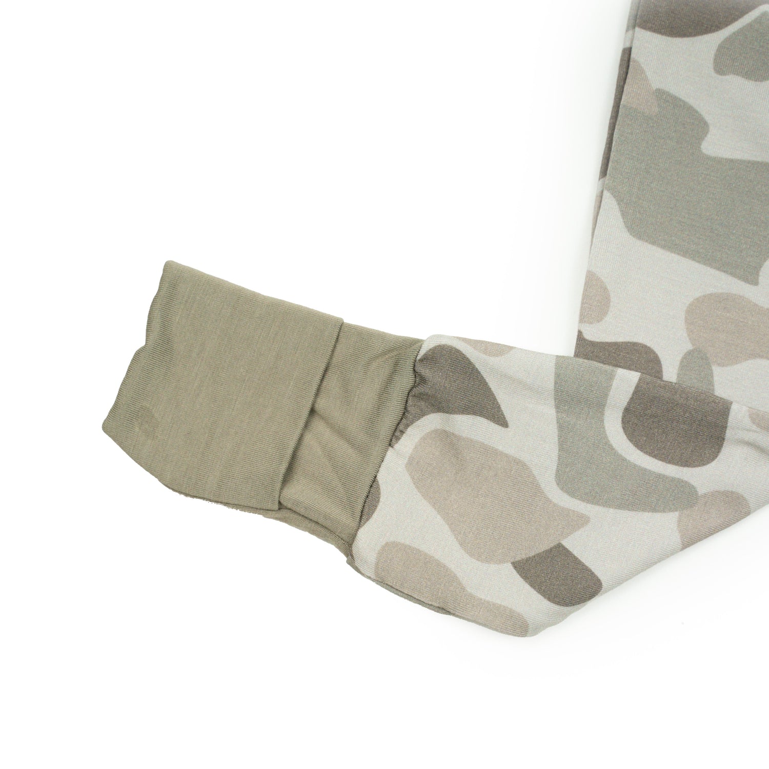 Button Buck Camo Baby Zippy leg cuffs showcasing soft bamboo fabric and stylish camo pattern.