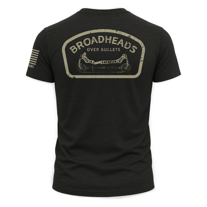 Broadheads Over Bullets Tee Black hunting graphic t-shirt front view