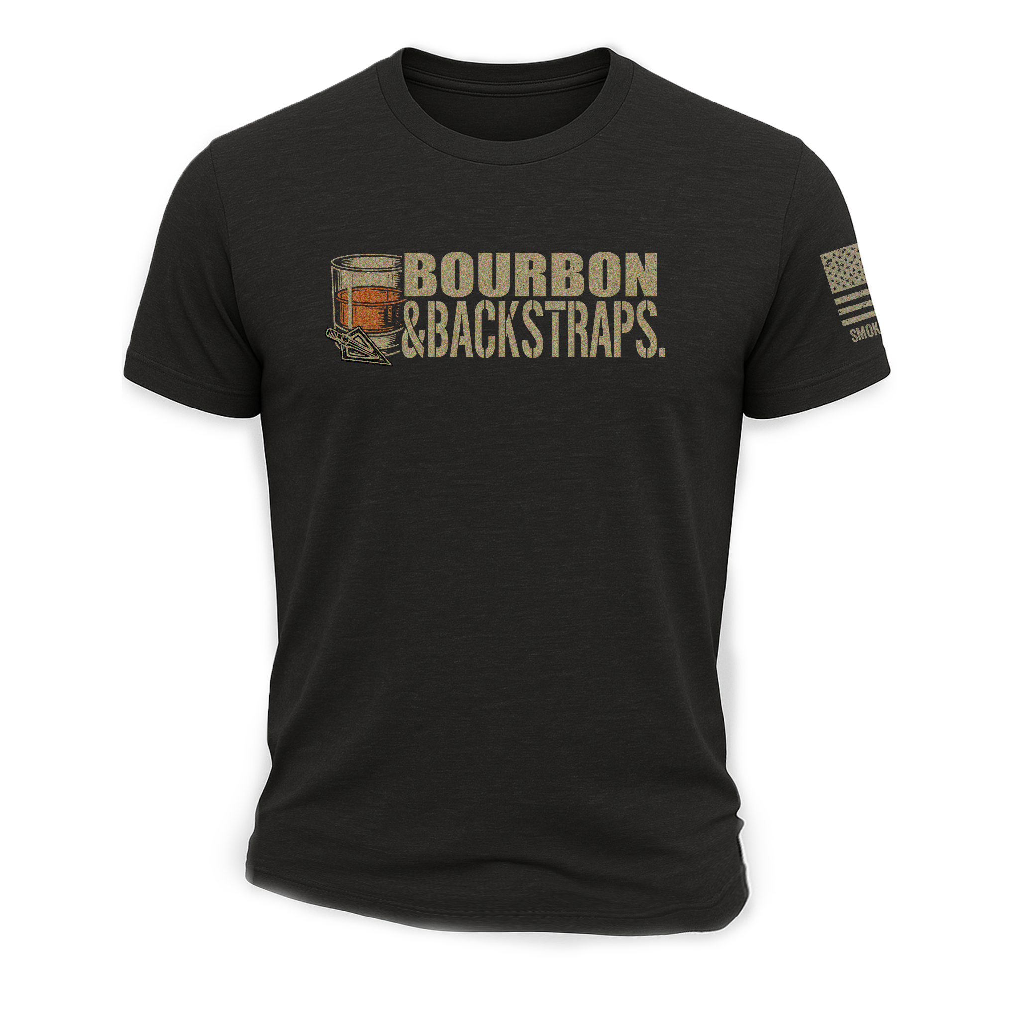 Bourbon &amp; Backstraps Tee in black, featuring graphic of a bourbon glass on front and American flag sleeve design.