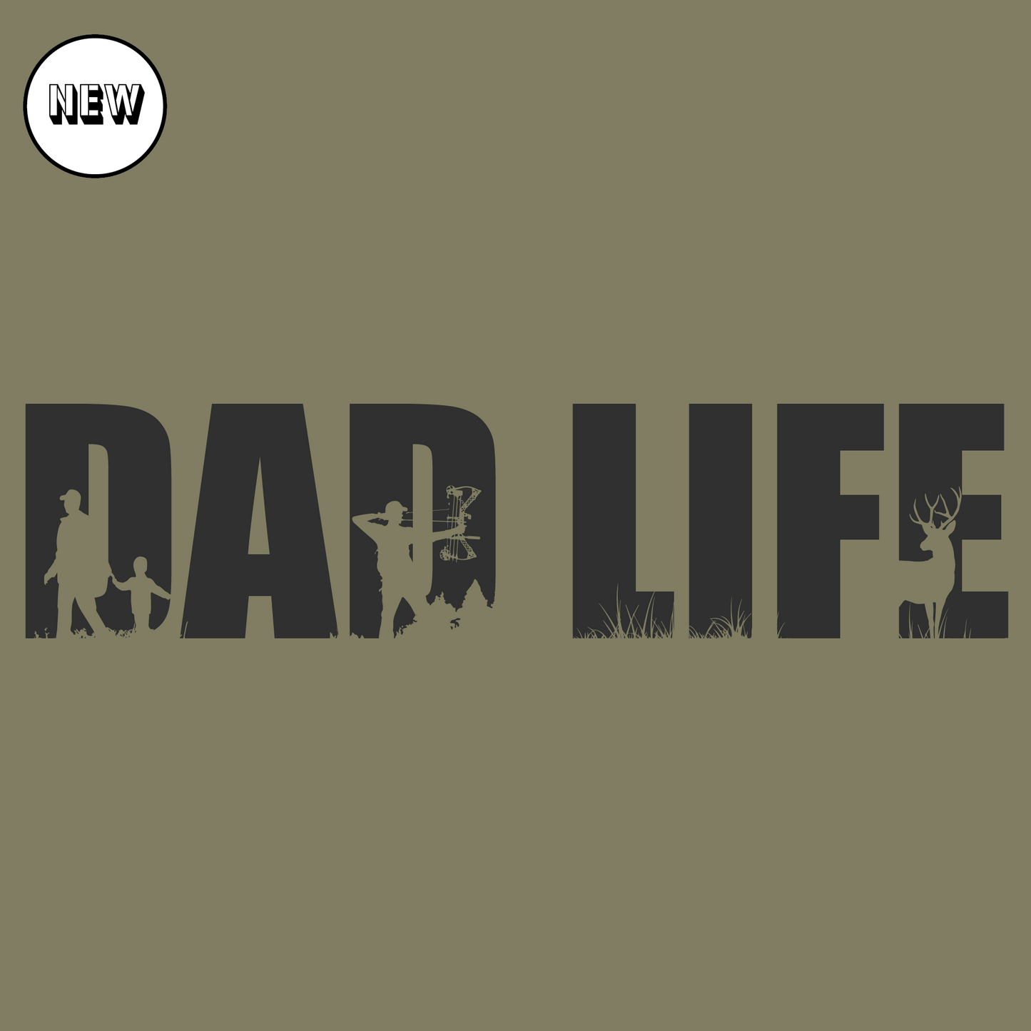 Dad Life T-Shirt design featuring silhouettes of outdoor activities and family bonding, perfect for dads who love the hunt.