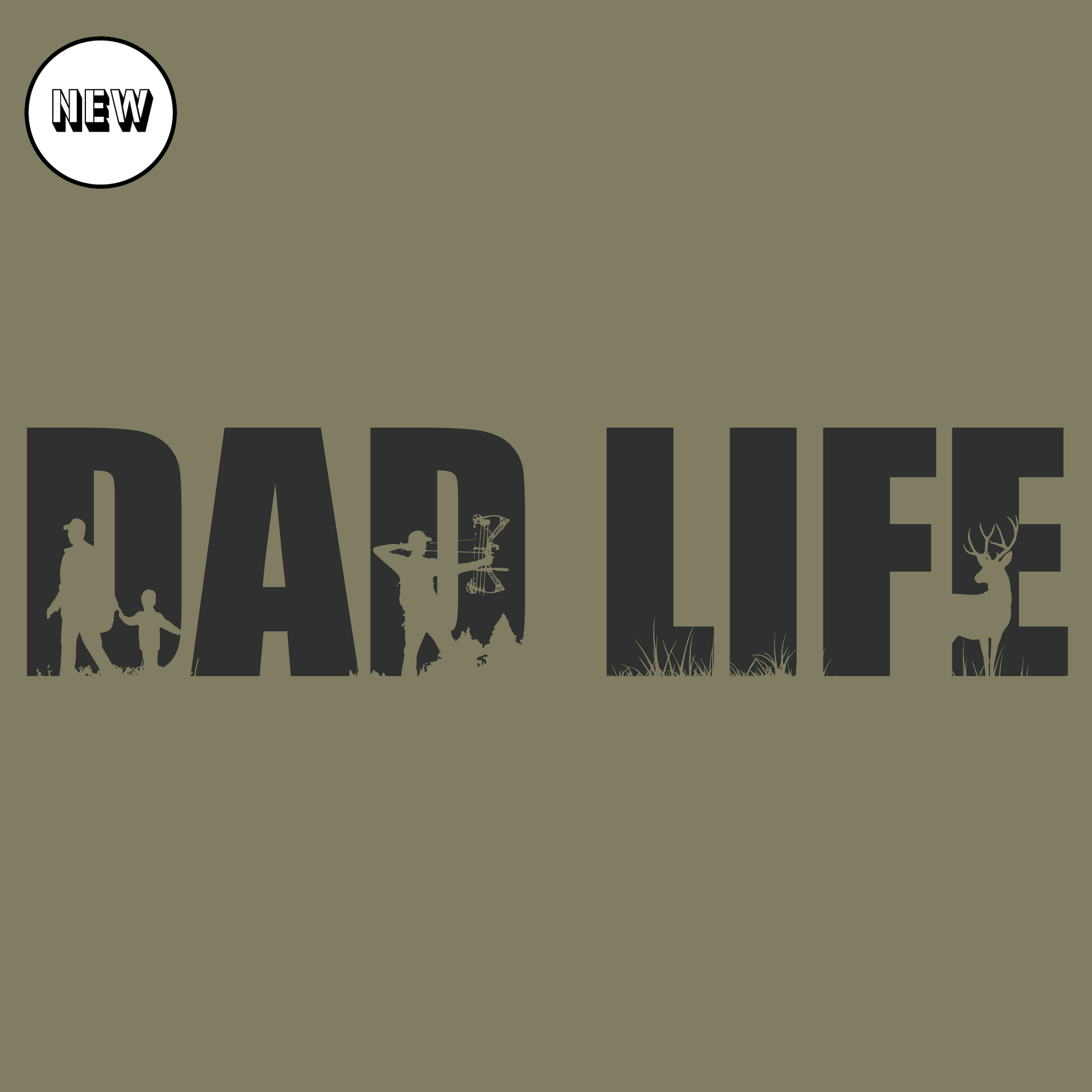 Dad Life T-Shirt design featuring silhouettes of outdoor activities and family bonding, perfect for dads who love the hunt.