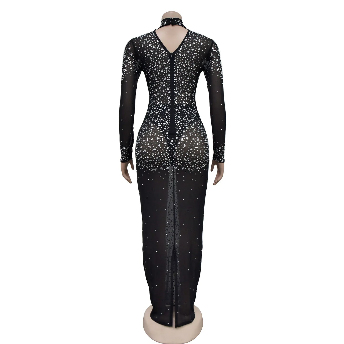 Glam See-Through Mesh Crystal Night Out Dress Birthday Outfits Vestido Women's Silver Rhinestones Long Maxi Dress