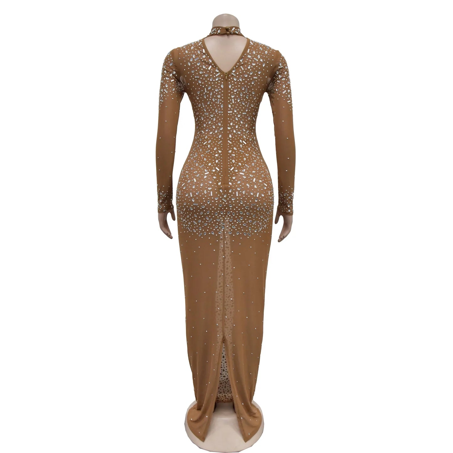 Glam See-Through Mesh Crystal Night Out Dress Birthday Outfits Vestido Women's Silver Rhinestones Long Maxi Dress