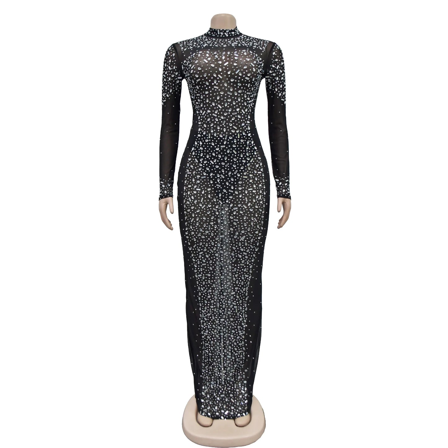 Glam See-Through Mesh Crystal Night Out Dress Birthday Outfits Vestido Women's Silver Rhinestones Long Maxi Dress