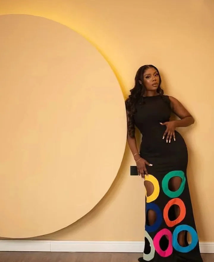 Summer O Neck Sleeveless Patchwork High Waist A Line Party Dresses For Women Black Colorful Hollow Out Maxi Dress