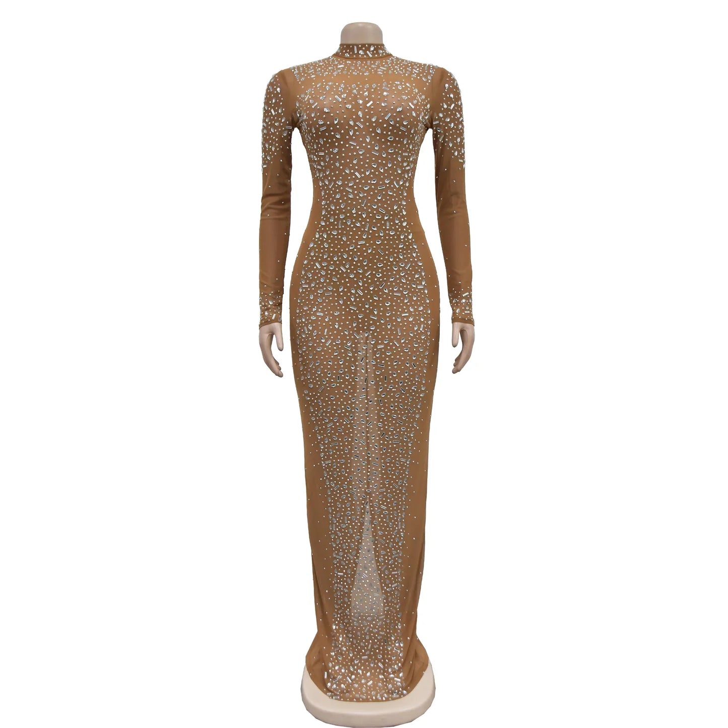 Glam See-Through Mesh Crystal Night Out Dress Birthday Outfits Vestido Women's Silver Rhinestones Long Maxi Dress