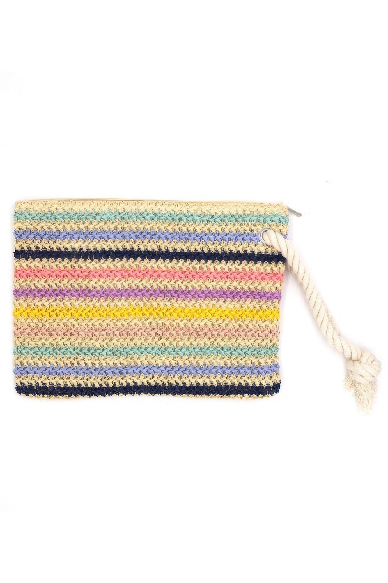 Rope Handle Multicolor Striped Straw Crochet Pouch