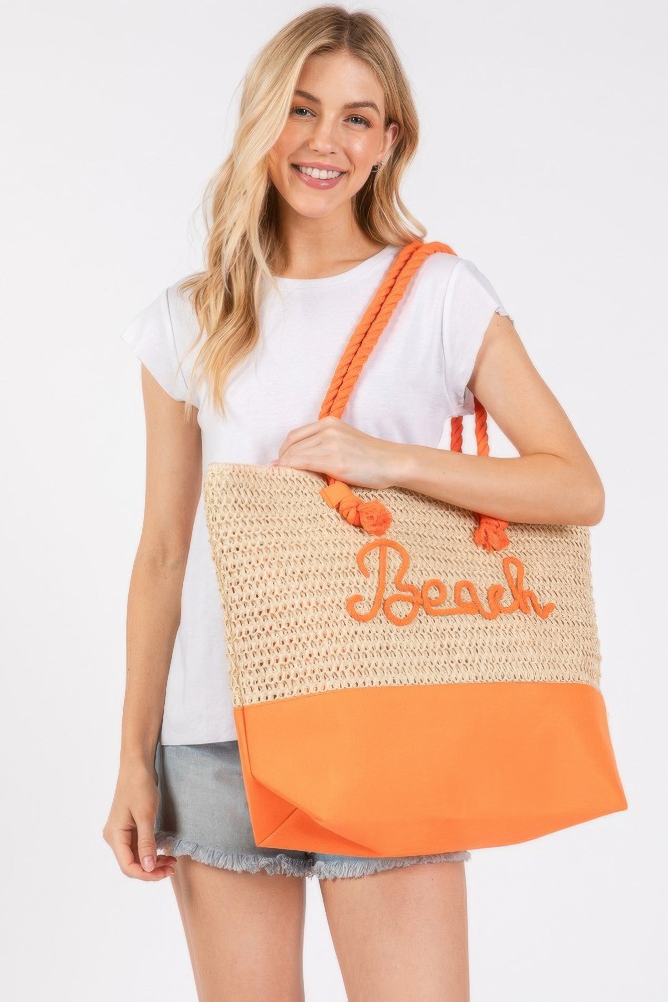 Color Sewn Rope Beach Letter And Strap Crochet Fabric Tote