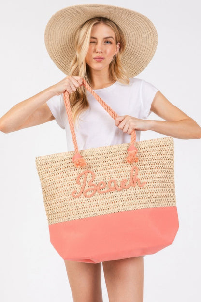 Color Sewn Rope Beach Letter And Strap Crochet Fabric Tote