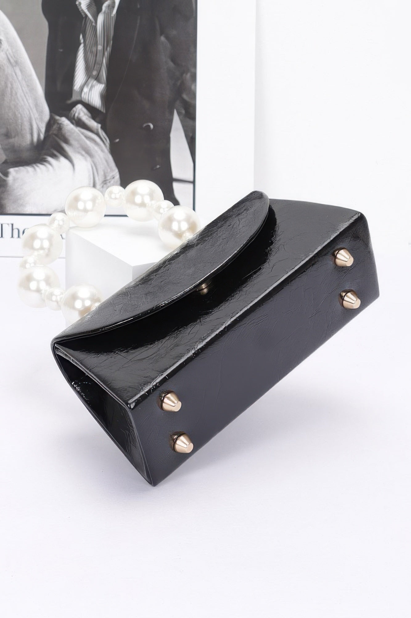 Metallic Pearl Handle Flap Bag