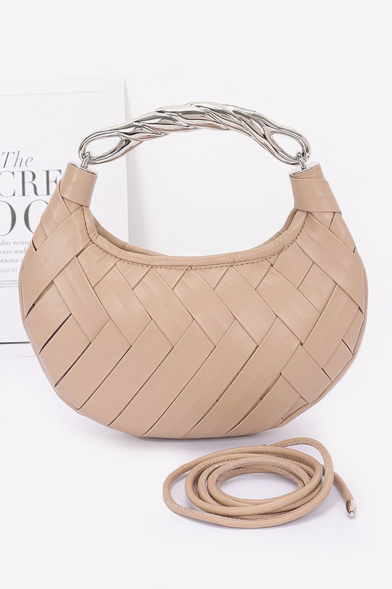 Faux Leather Braided Metal Handle Clutch