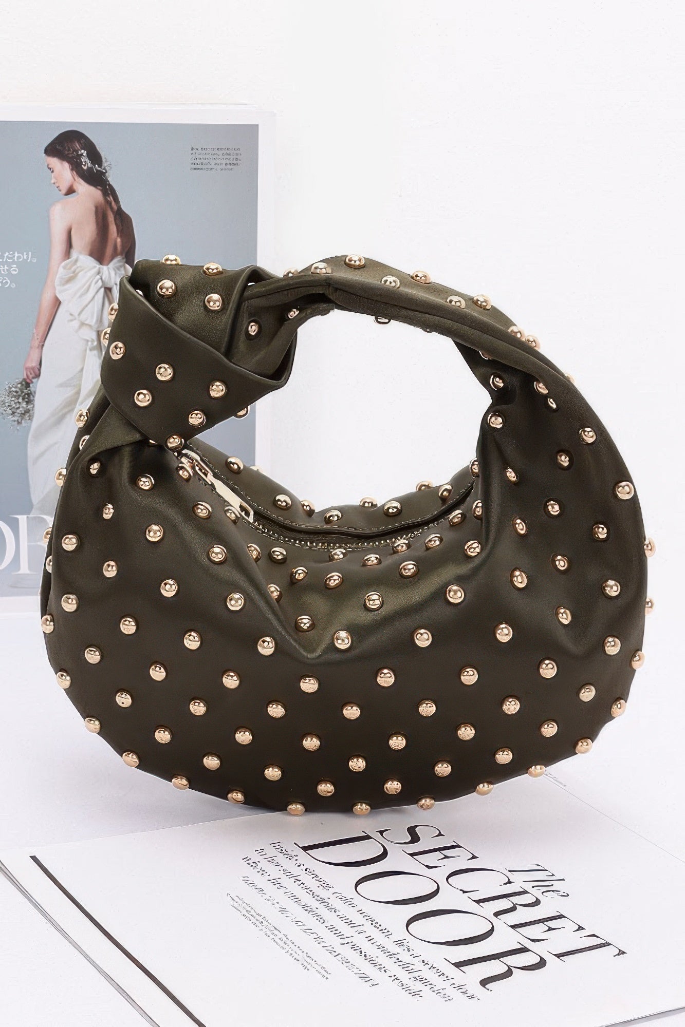 Satin Metal Studded Hobo Bag