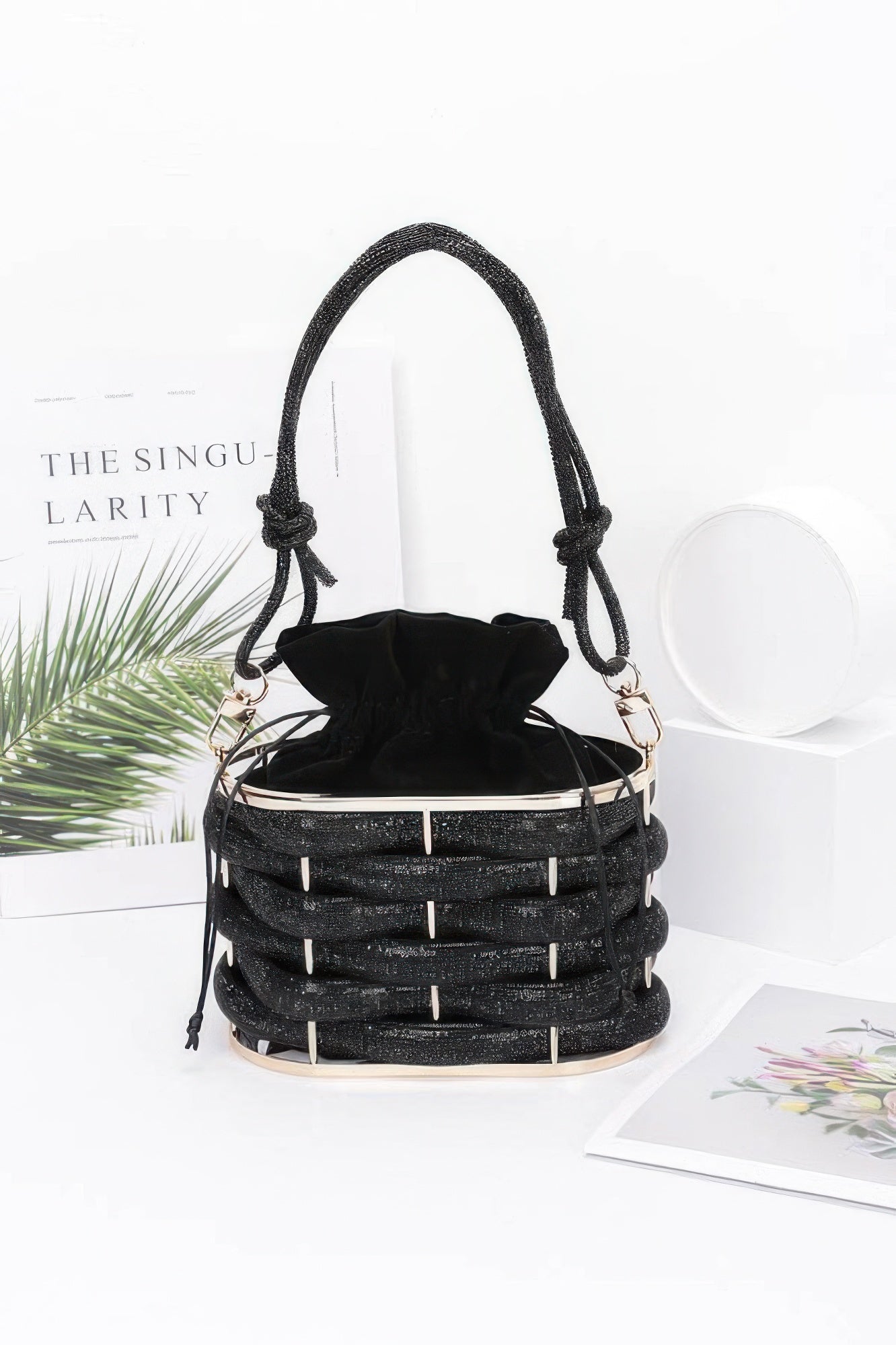 Rhinestone Braided Metal Bucket Bag