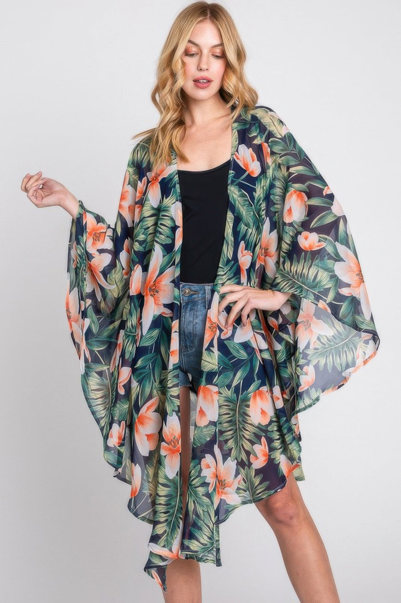 Tropical Flower Leaves Print Shawl Cover-up