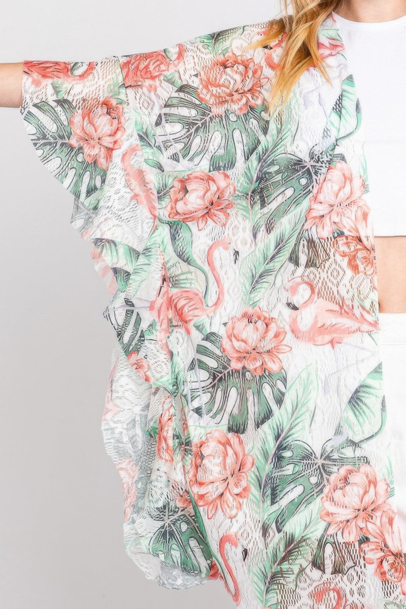 Ruffle Lined Tropical Flamingo Print Open Front
