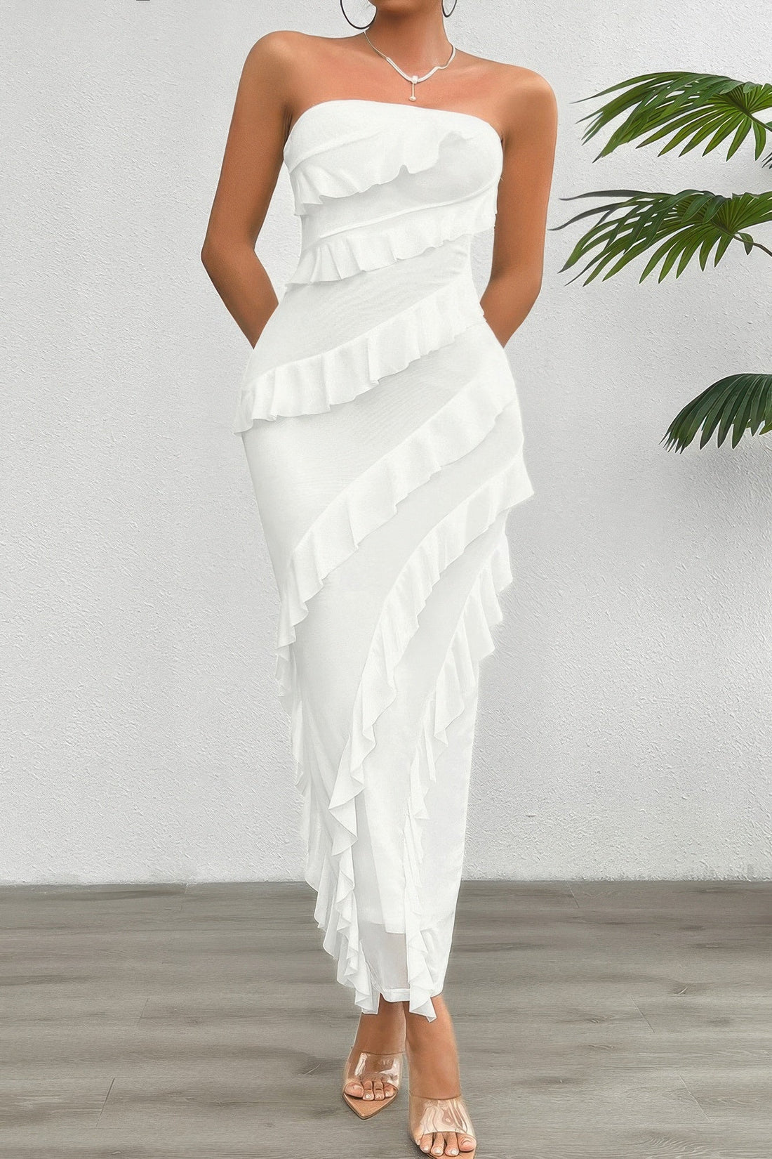 Solid Off Shoulder Ruffle Sleeveless Maxi Dress