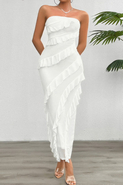 Solid Off Shoulder Ruffle Sleeveless Maxi Dress